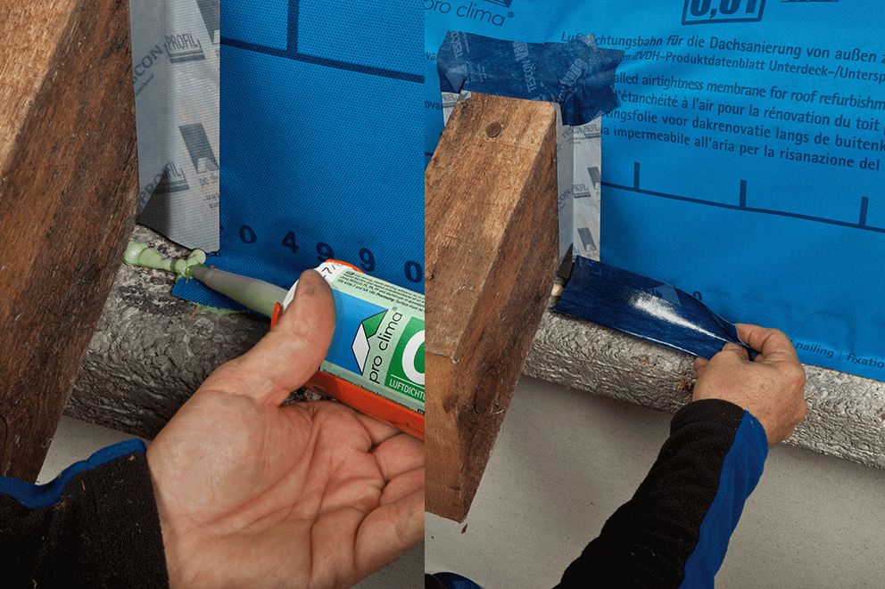 Bahn unterm Sparren verkleben